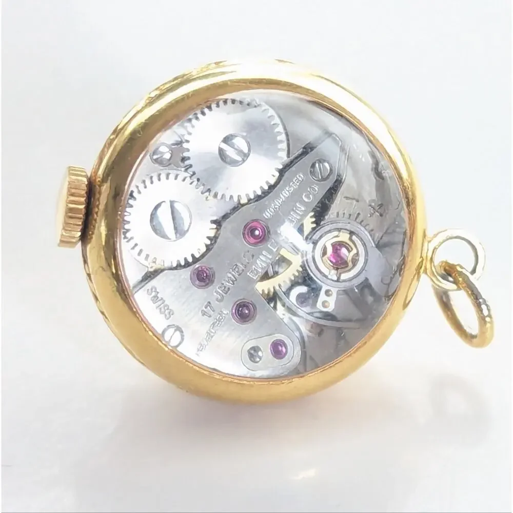 Vintage Working Swiss Made Etched Gold Tone Bubble Watch Necklace Pendant